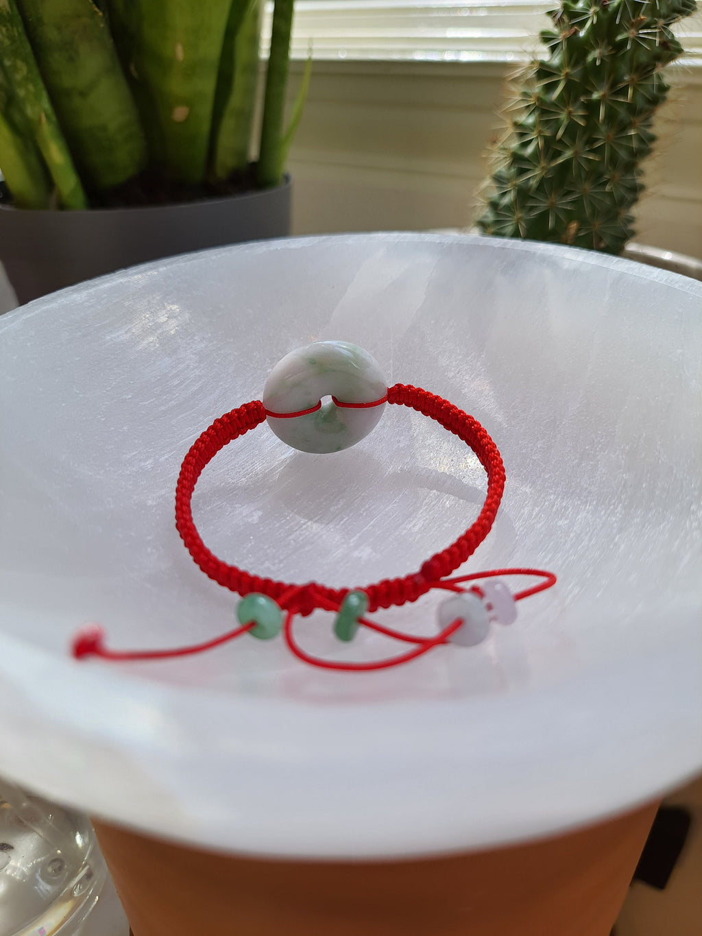 Natural Burmese Jadeite Donut Charm Red String Shamballa Bracelet
