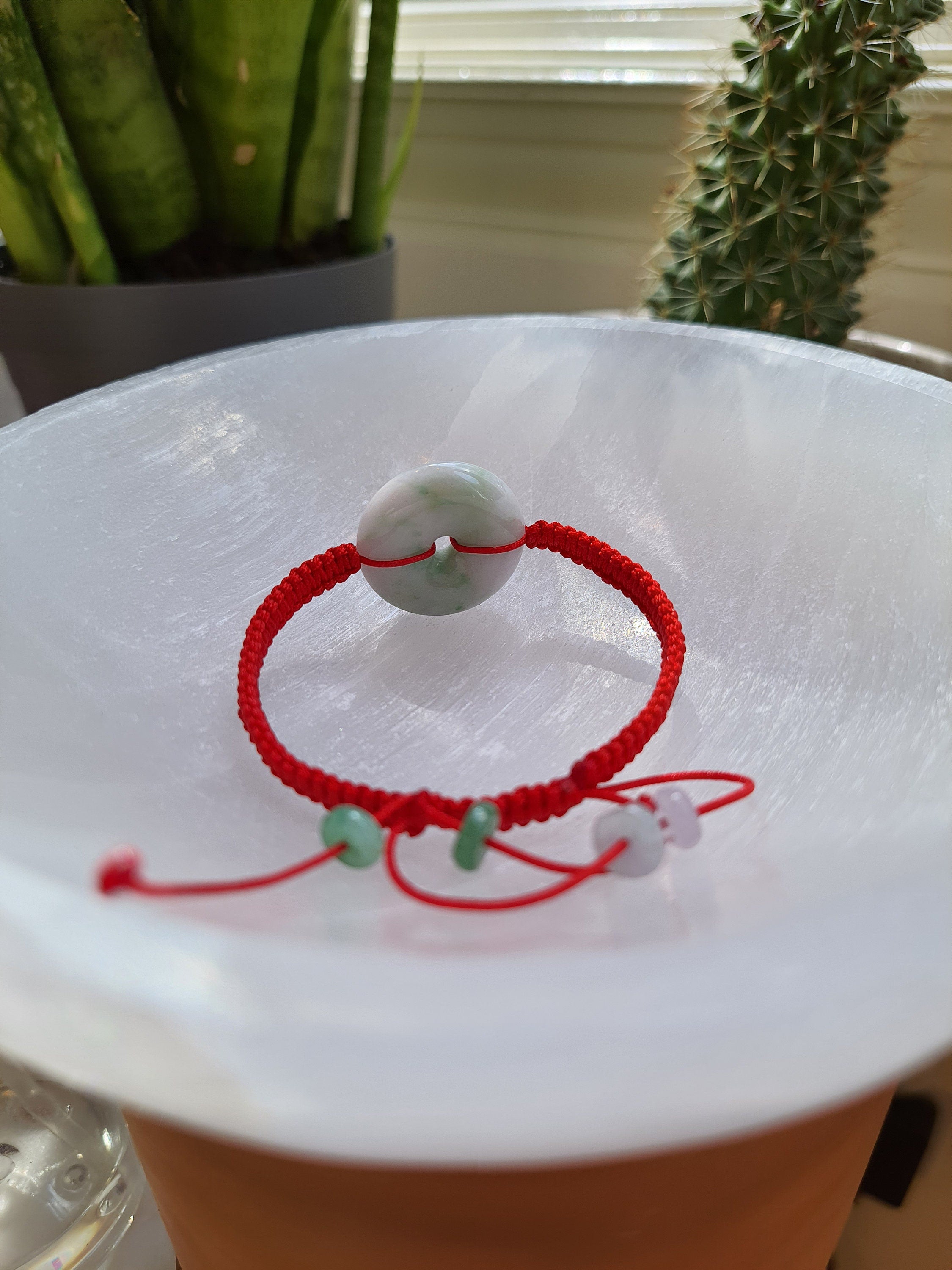 Natural Burmese Jadeite Donut Charm Red String Shamballa Bracelet