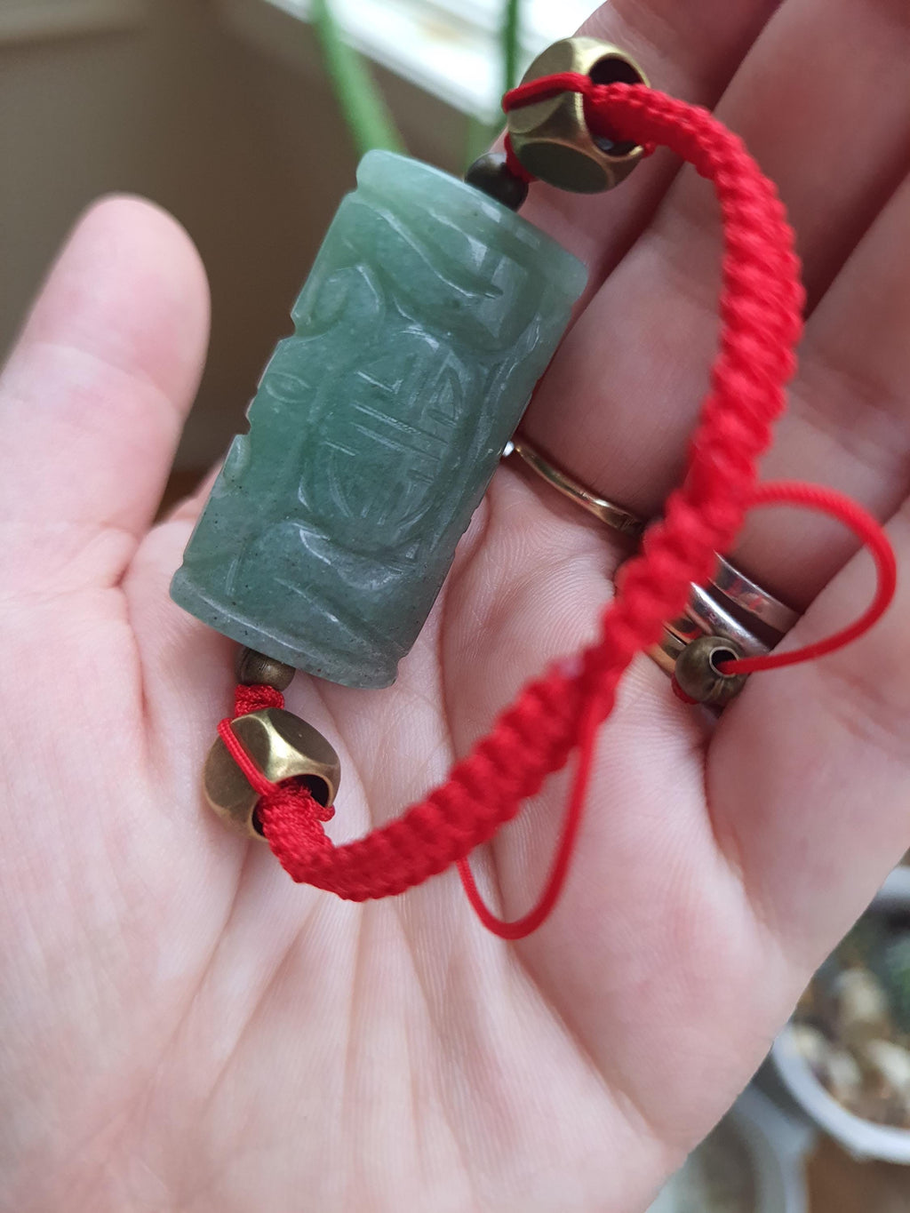 Natural Carved Aventurine Chinese Lucky Charm Red String Shamballa Meditation Bracelet轉運紅繩手鍊
