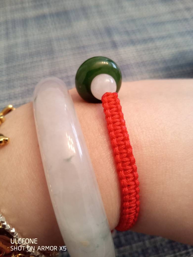 Lucky Red String Bracelet with one Natural Canadian Green Nephrite Jade Barrel Beads and Four Burmese White Jadeite Jade Shamballa Beads