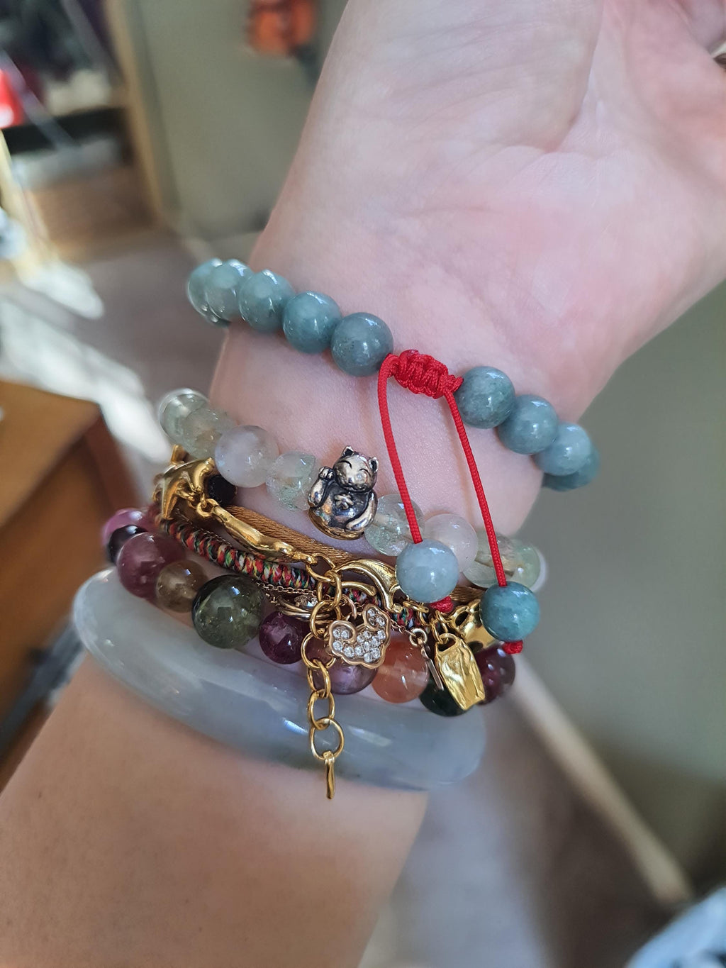 Sterling Silver Pixiu Chinese Red String Natural Burmese Jadeite Jade Bracelet