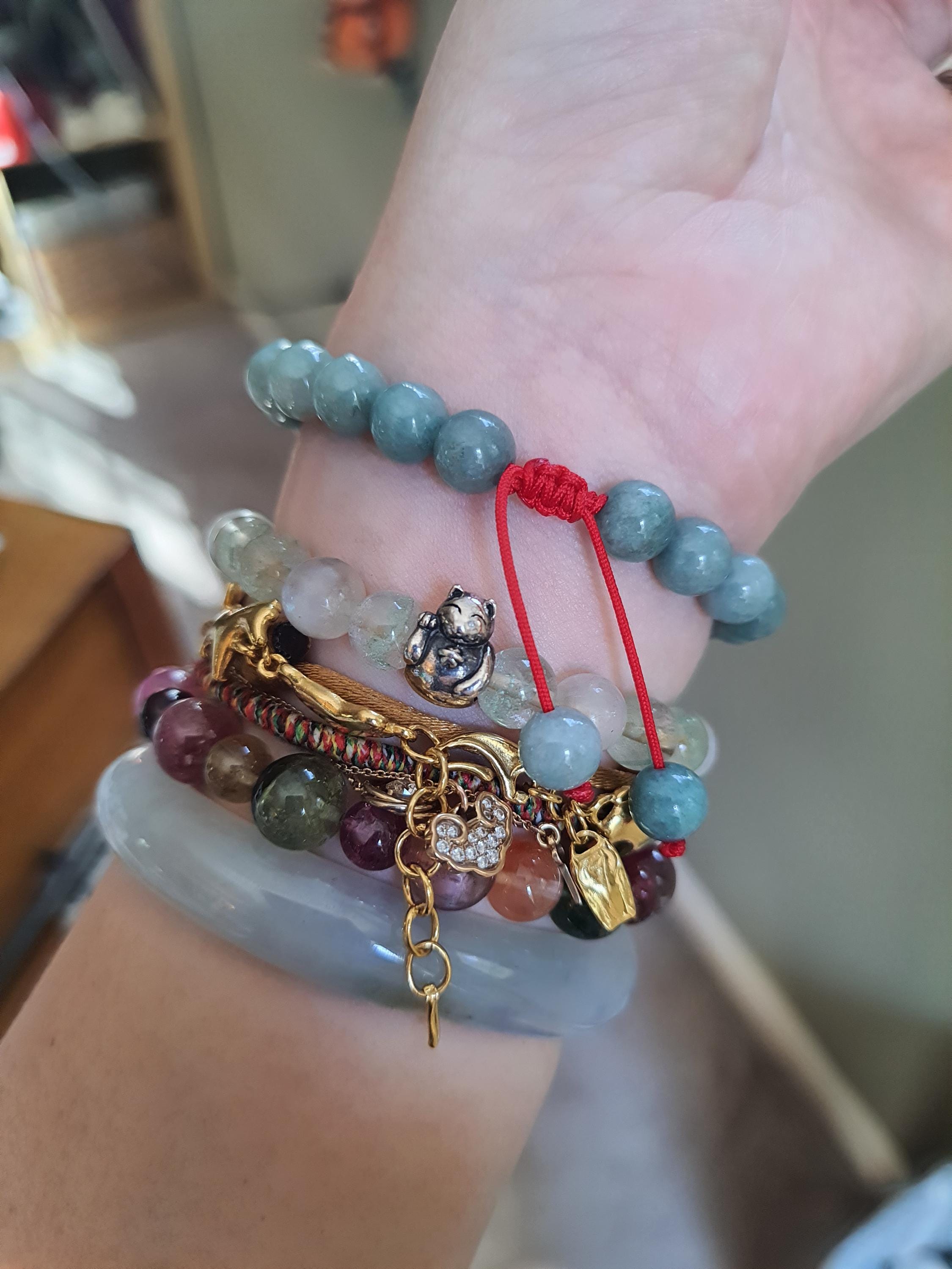 Sterling Silver Pixiu Chinese Red String Natural Burmese Jadeite Jade Bracelet