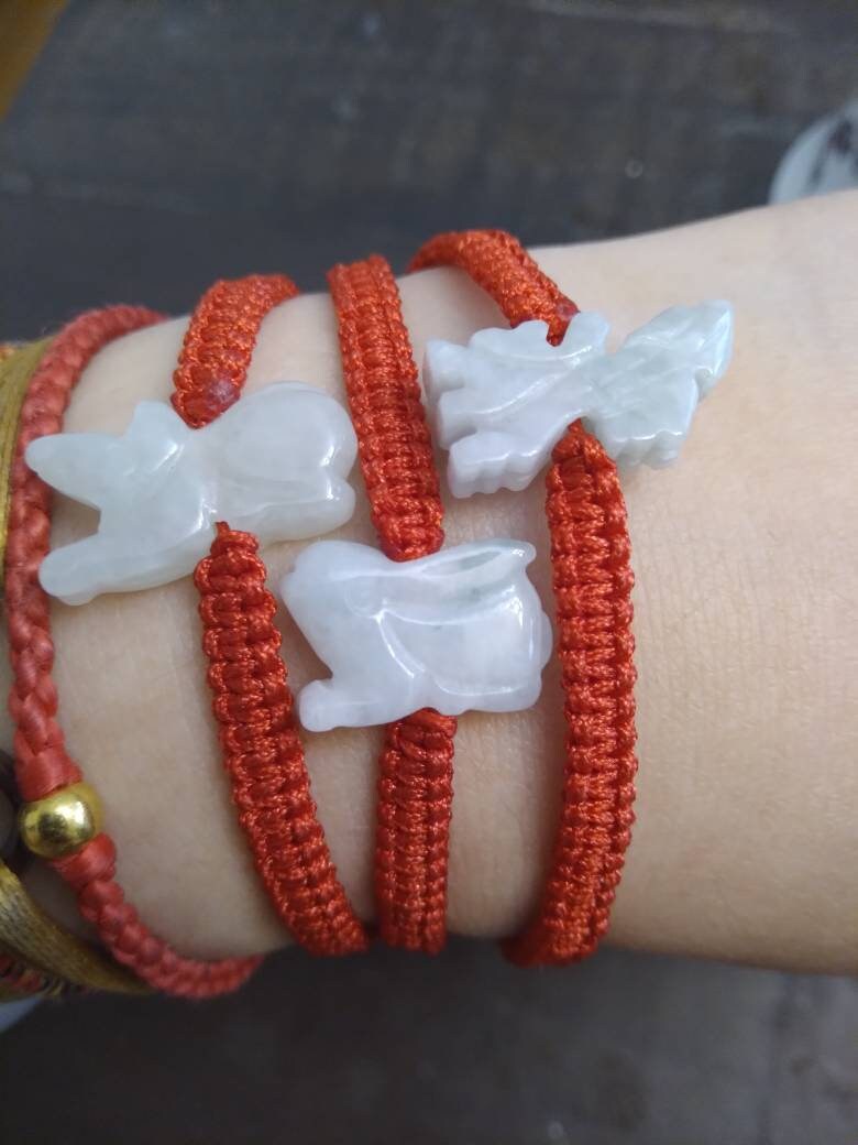 Natural Burmese Jadeite Jade Chinese Zodiac Charm Red String Shamballa Bracelet (Rabbit, Dragon, Rat and Many More)