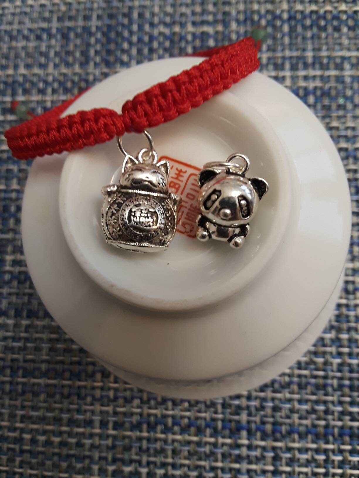 Sterling Silver Panda Lucky Chinese Red String Shamballa Bracelet