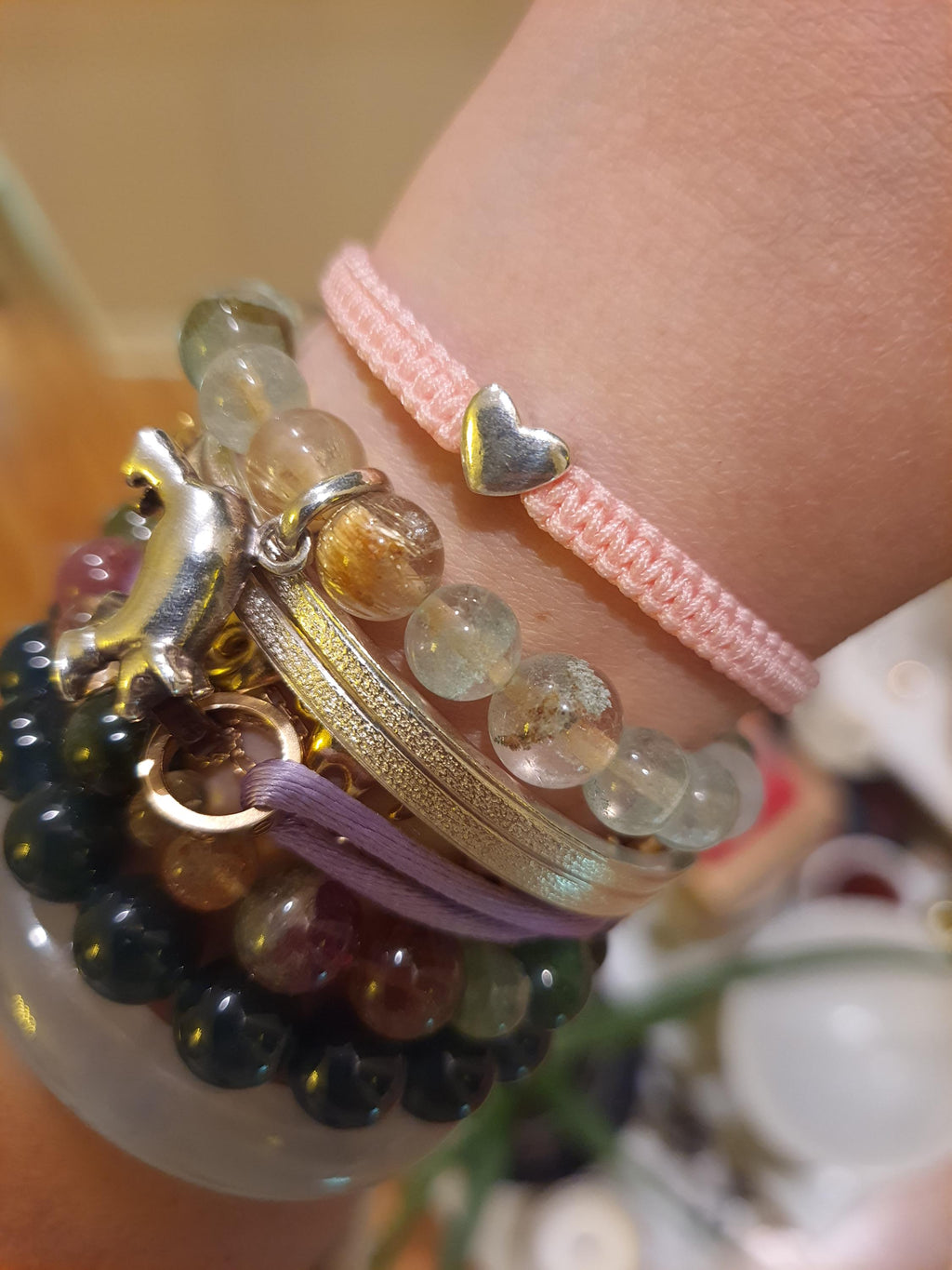 925S Silver Heart Pink String Shamballa Bracelet