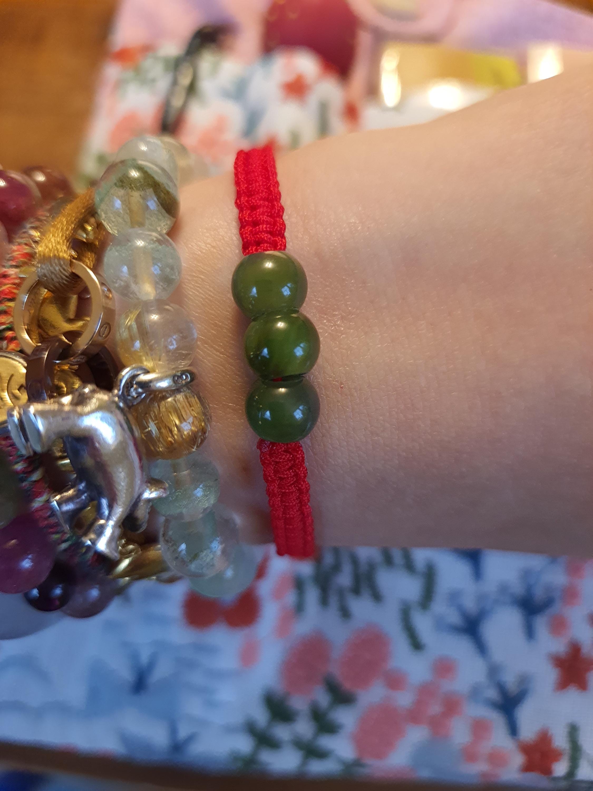 Canadian Green Nephrite Jade Bead Chinese Red String Shamballa Bracelet轉運紅繩手鍊