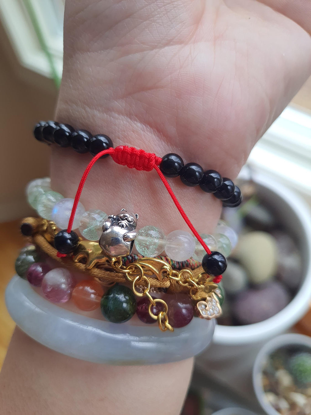 Natural Black Onyx Beads Red String Shamballa Meditation Bracelet
