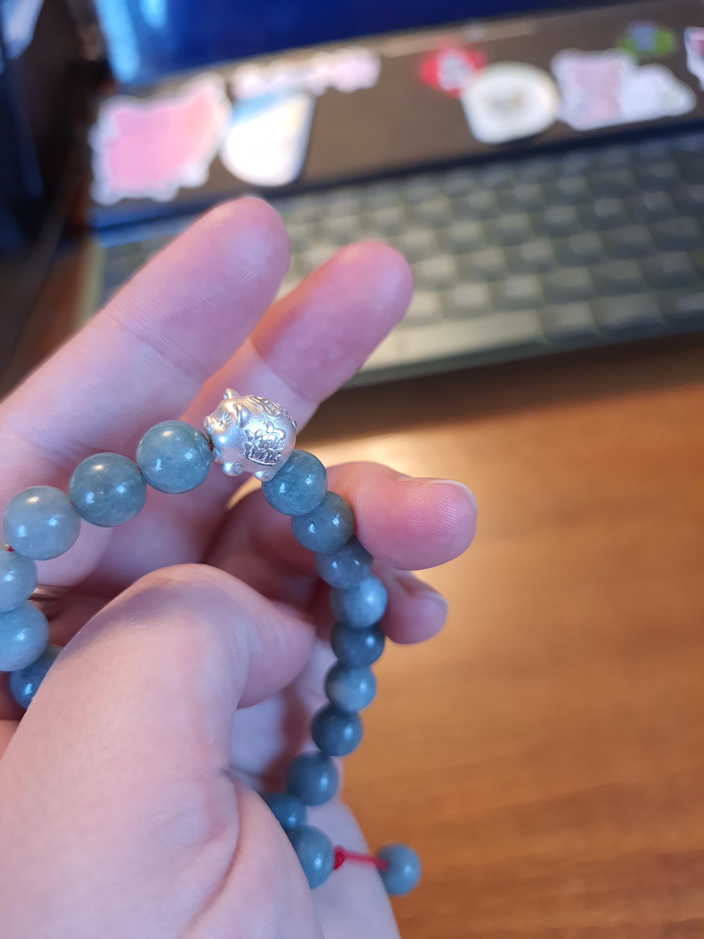 Sterling Silver Lucky Pig Charm Red String Natural Burmese Jadeite Jade Meditation Bracelet