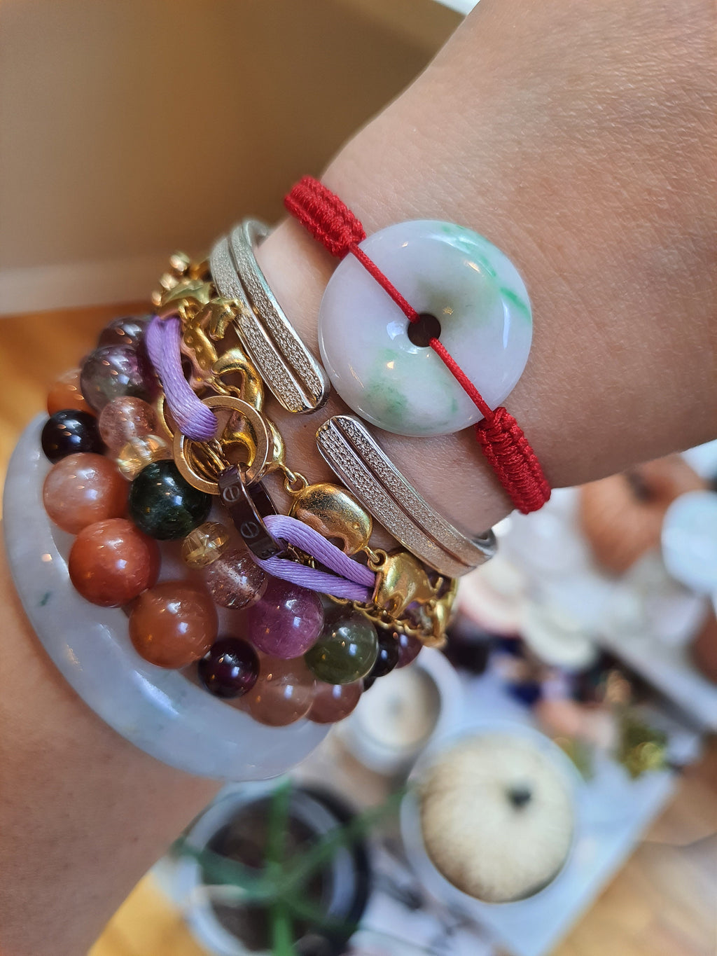 Natural Burmese Jadeite Donut Charm Red String Shamballa Bracelet