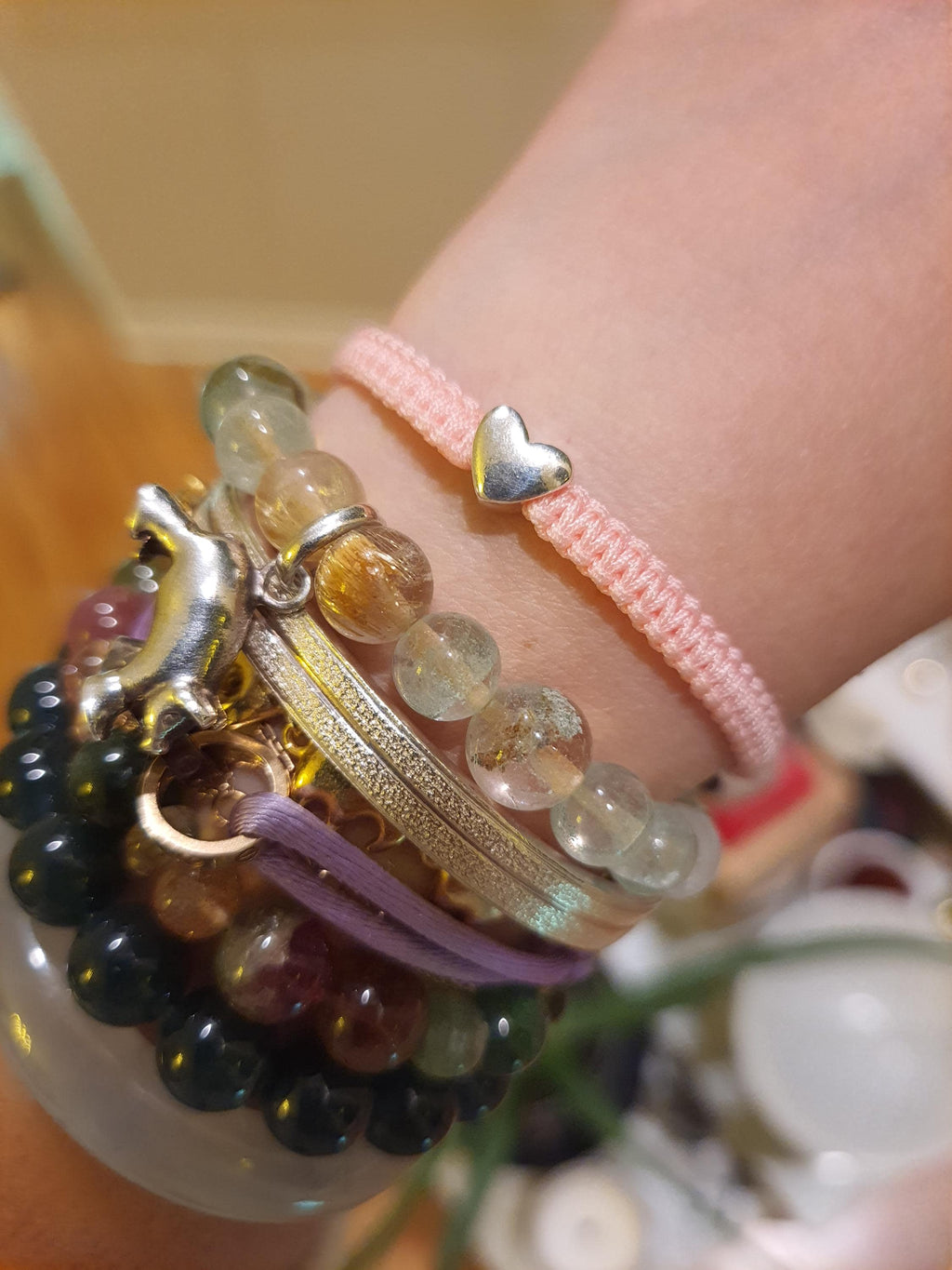 925S Silver Heart Pink String Shamballa Bracelet