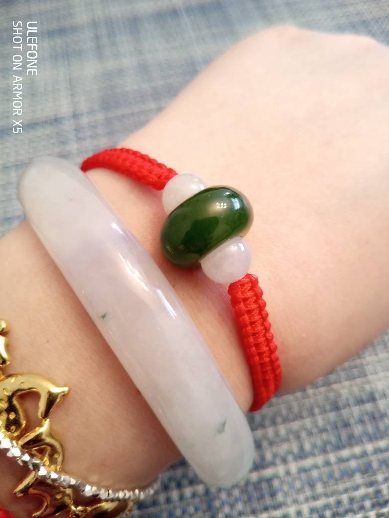 Lucky Red String Bracelet with one Natural Canadian Green Nephrite Jade Barrel Beads and Four Burmese White Jadeite Jade Shamballa Beads