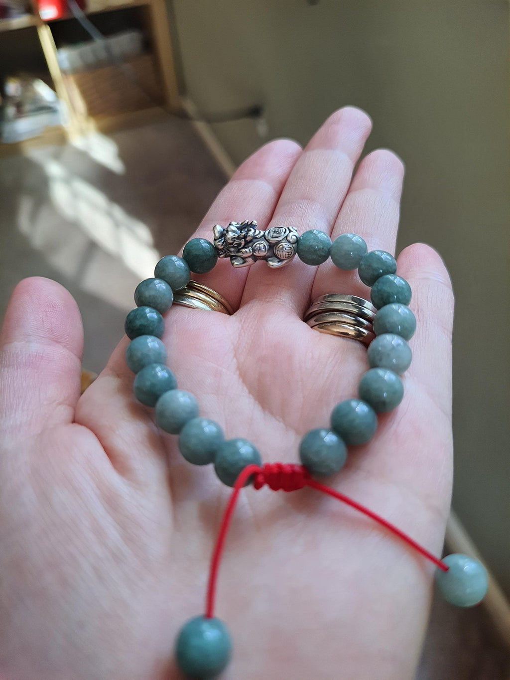 Sterling Silver Pixiu Chinese Red String Natural Burmese Jadeite Jade Bracelet
