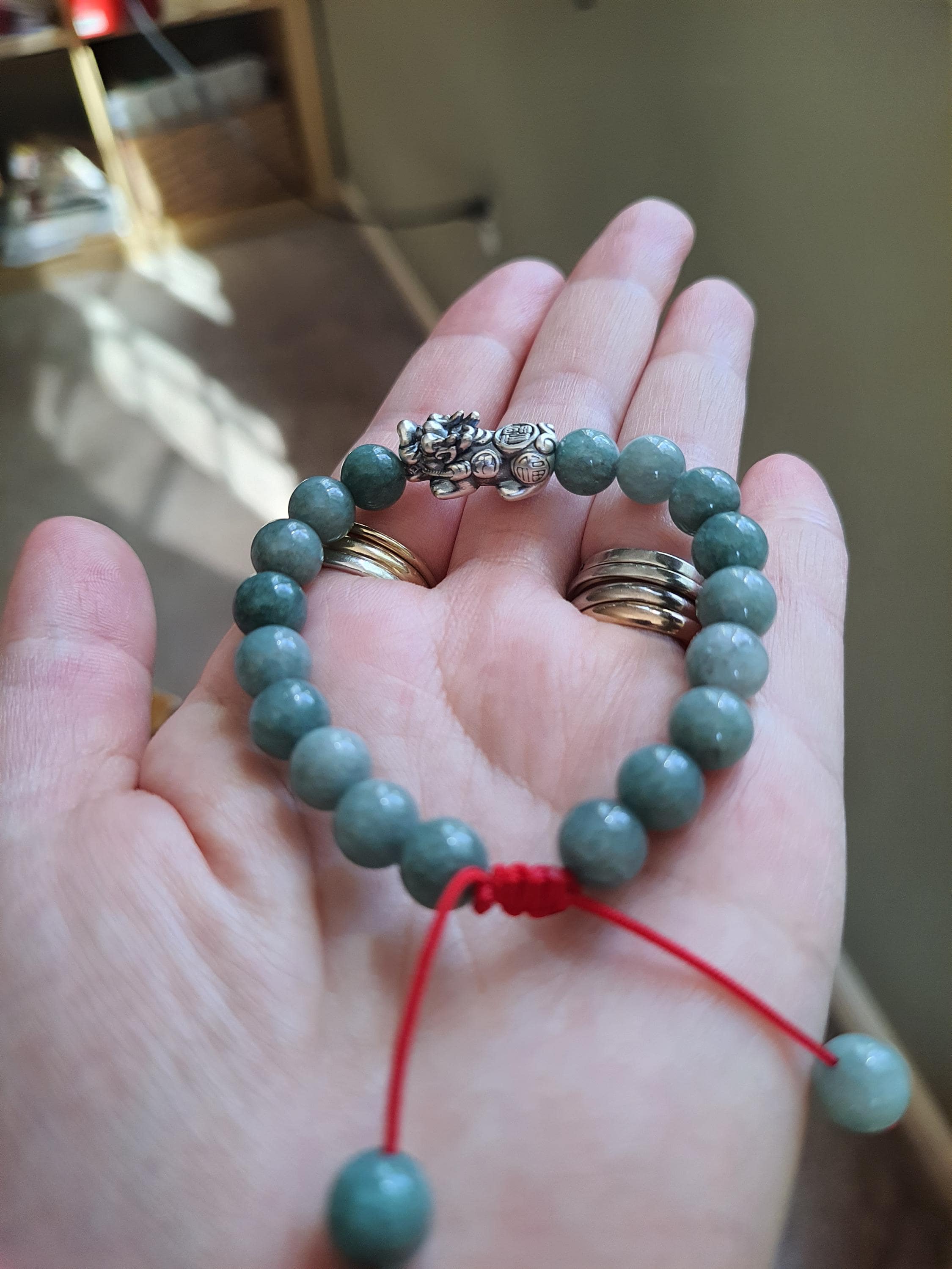 Sterling Silver Pixiu Chinese Red String Natural Burmese Jadeite Jade Bracelet