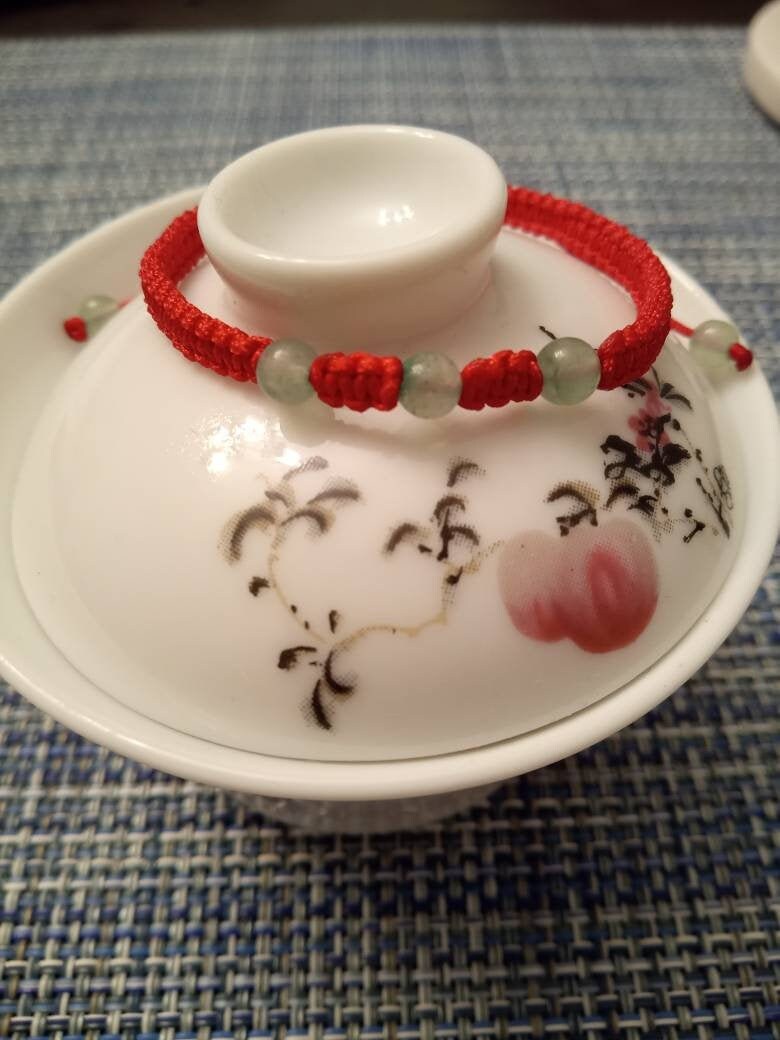 Three Wishes Lucky Chinese Red String Rope Thread Cord Bracelet with Natural Aventurine Beads