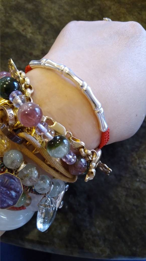 Sterling Silver Bamboo Tube Lucky Chinese Red String Shamballa Bracelet
