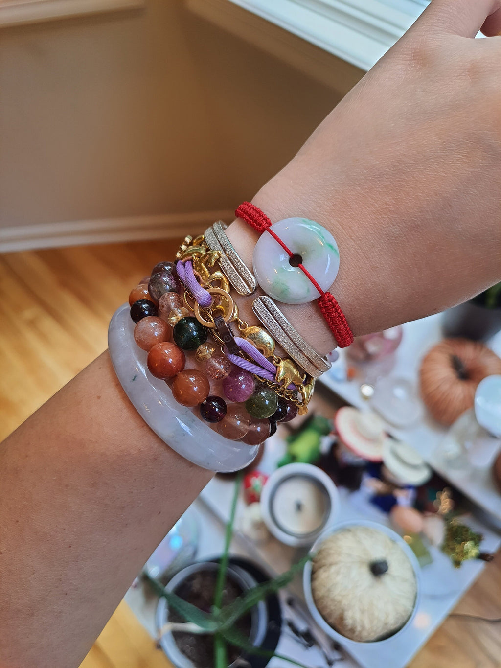 Natural Burmese Jadeite Donut Charm Red String Shamballa Bracelet