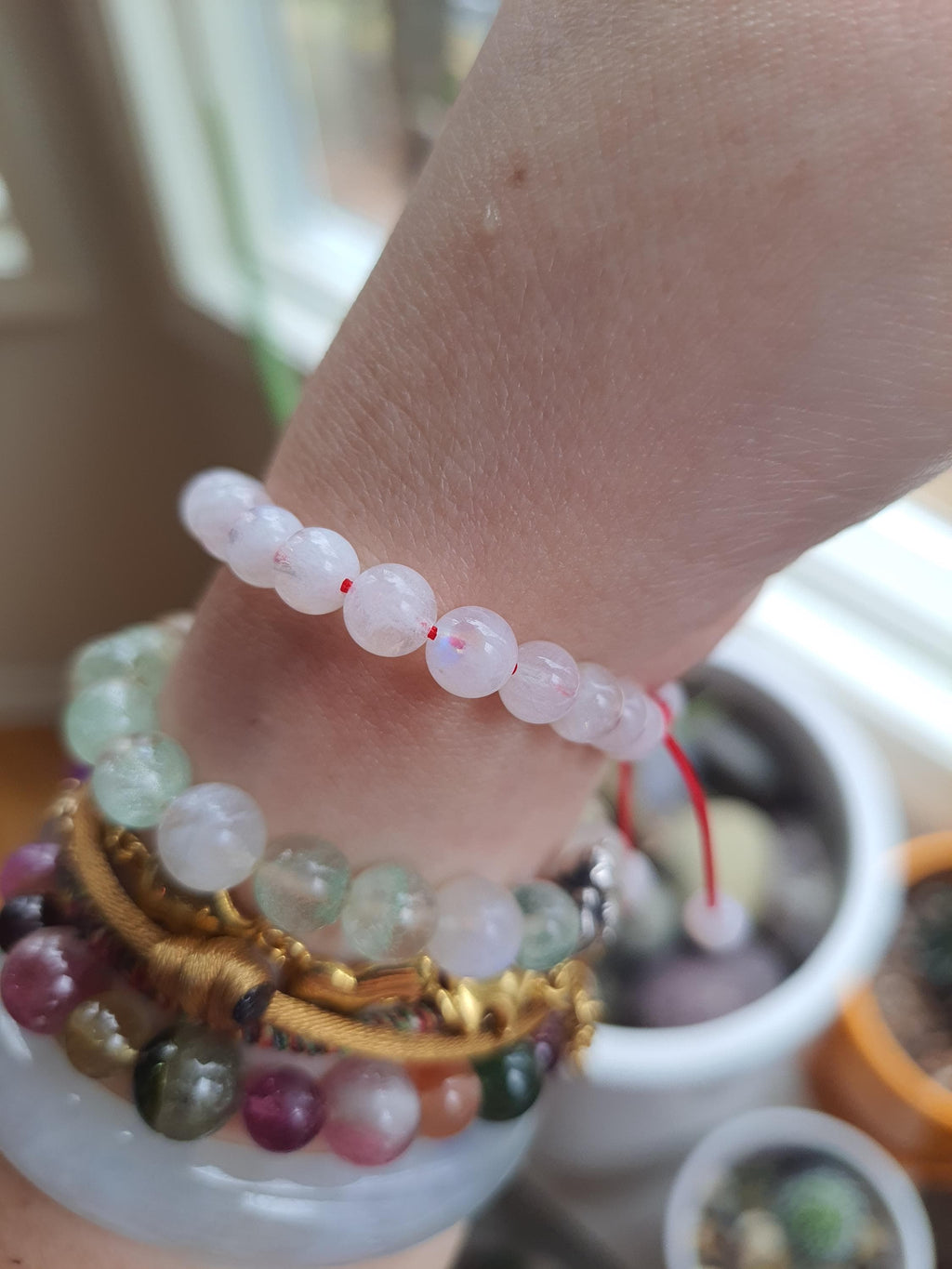 Natural Indian Moonstone Beads Red String Shamballa Meditation Bracelet