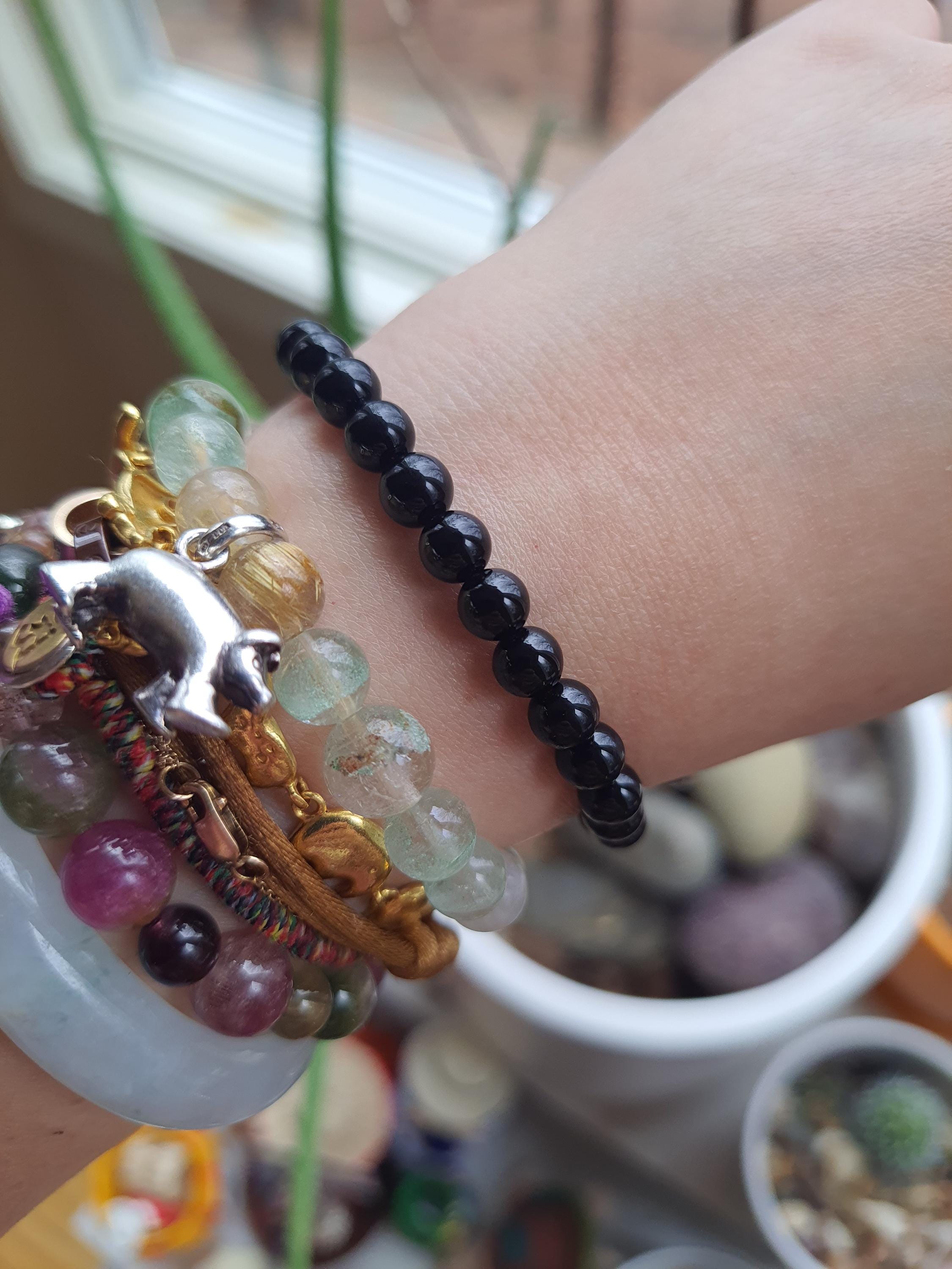 Natural Black Onyx Beads Red String Shamballa Meditation Bracelet